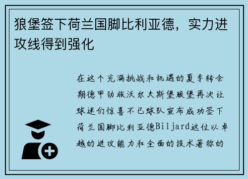 狼堡签下荷兰国脚比利亚德，实力进攻线得到强化